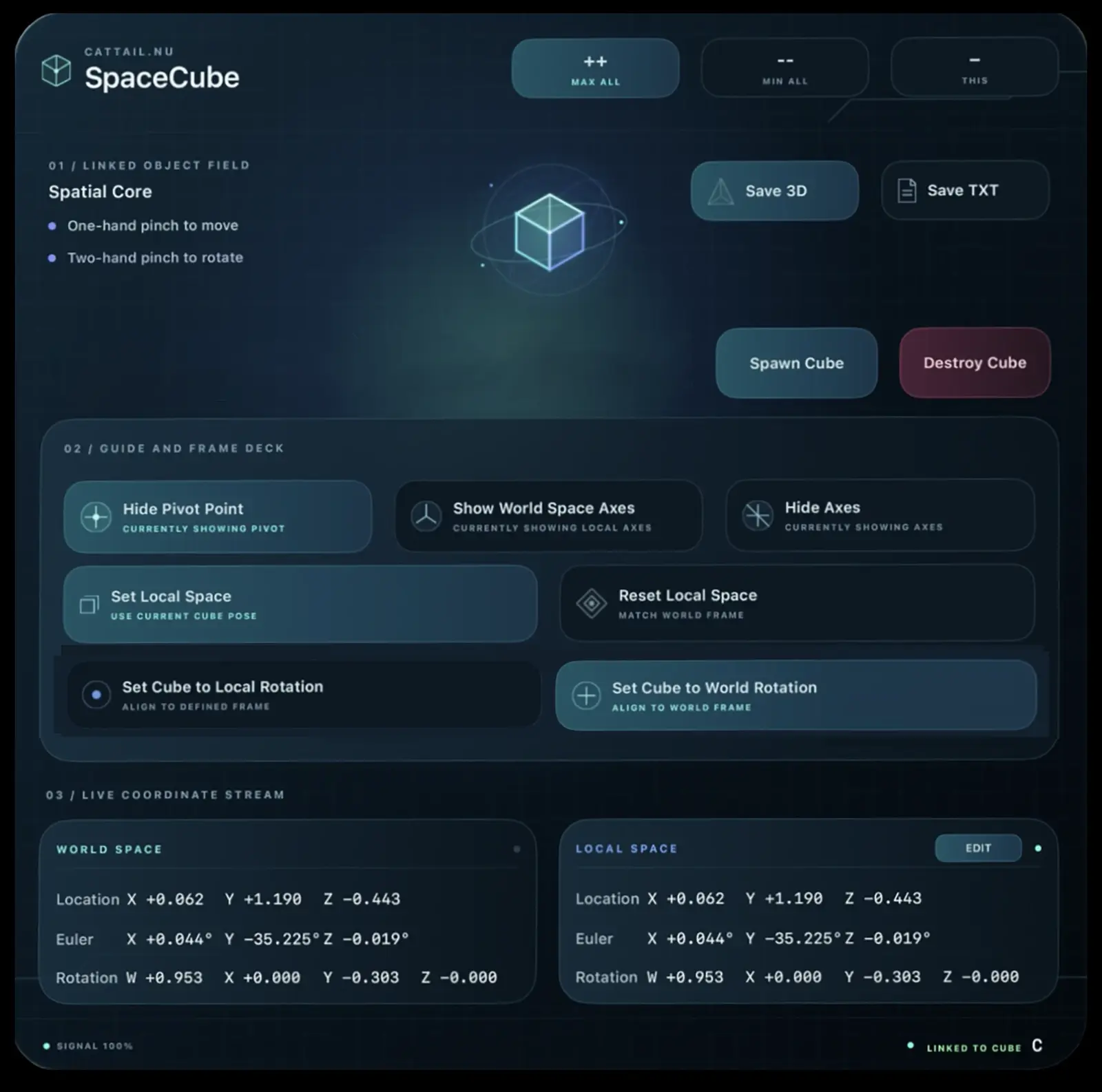The Cattail.Nu SpaceCube cube window, showing a cube's world and local coordinates and its buttons.