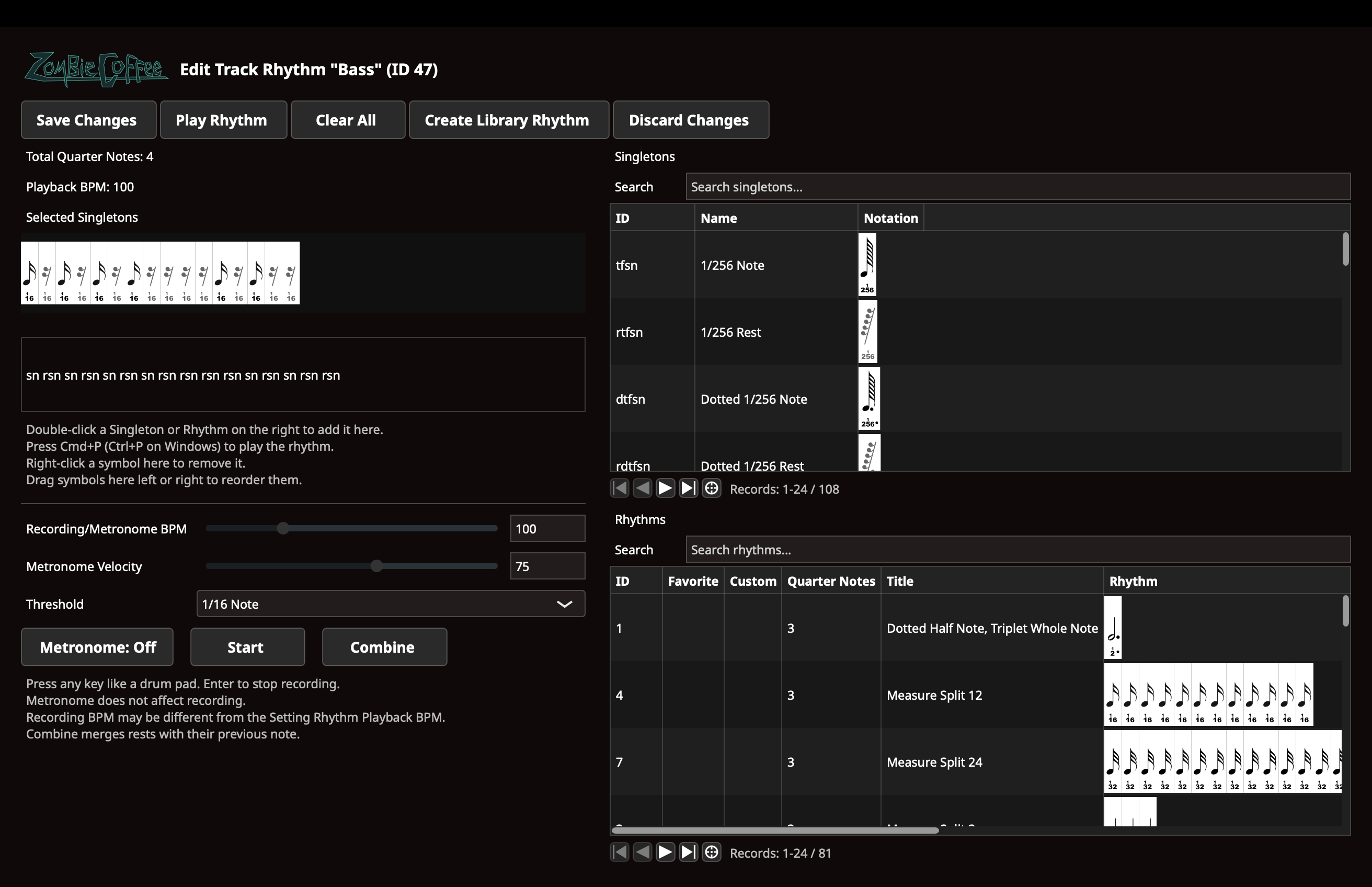 The bass rhythm on the Edit Rhythm screen.