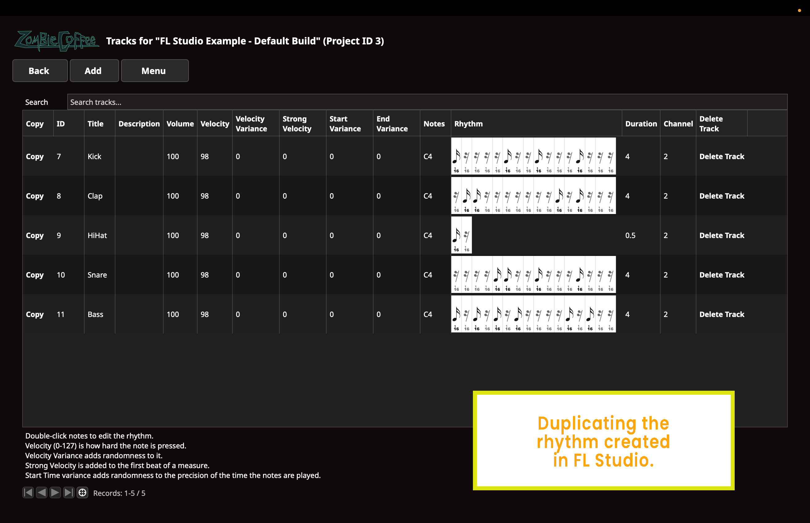 ZombieCoffee track view for the default example.
