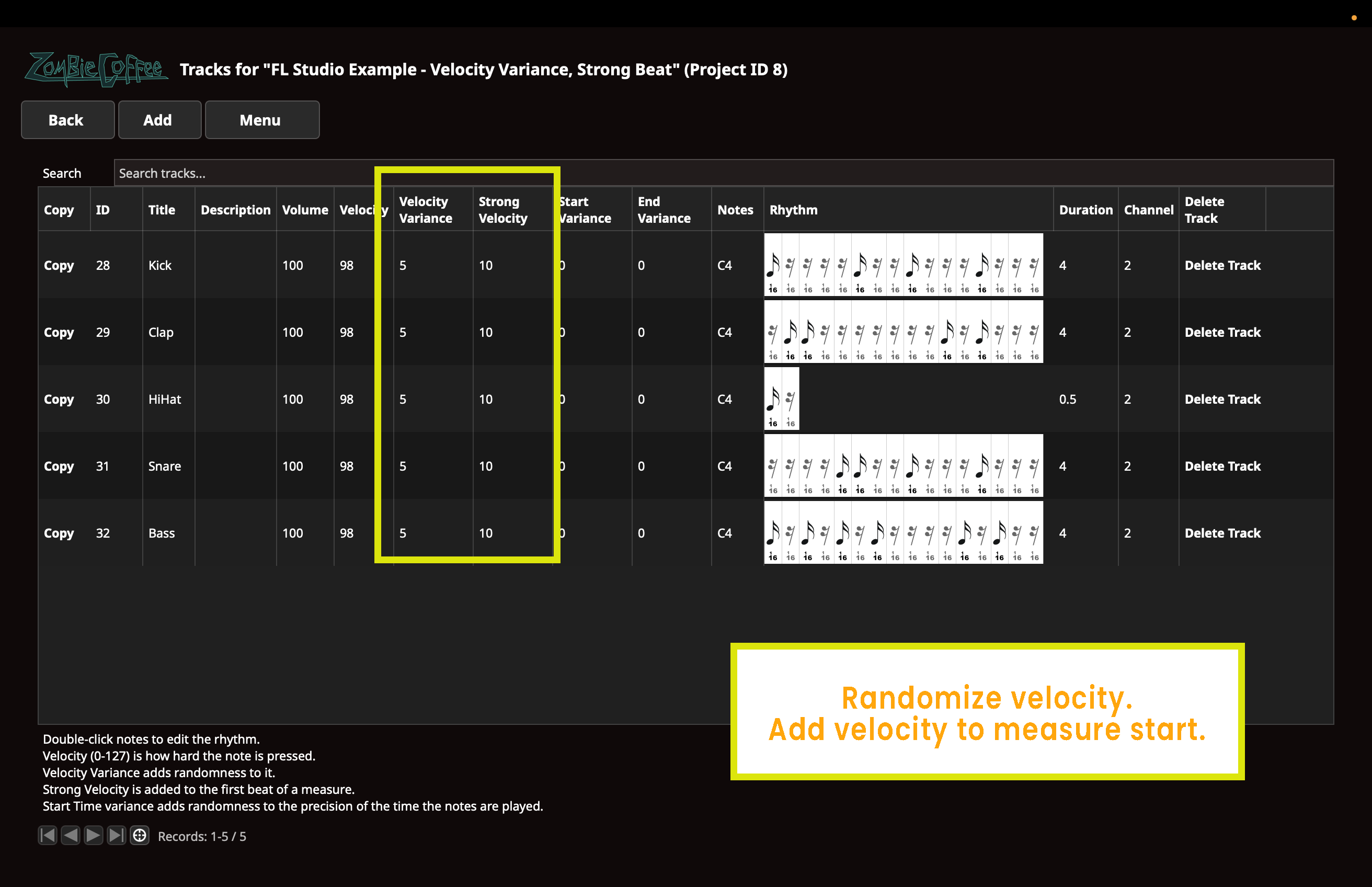 ZombieCoffee track settings for velocity variance and strong beat.