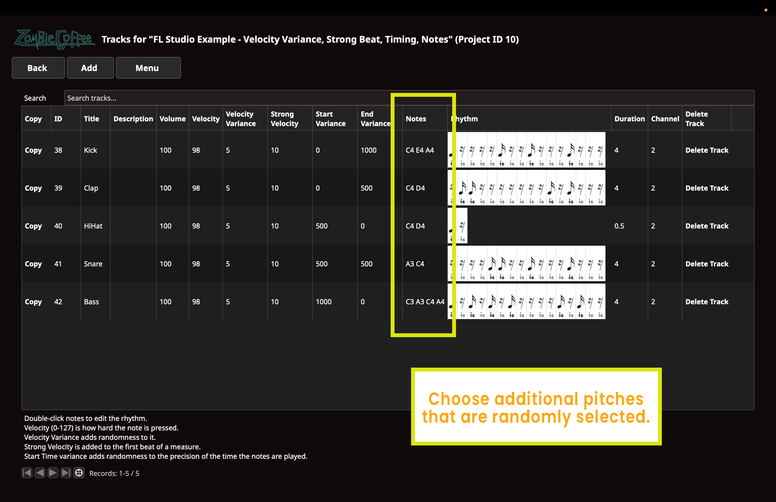 ZombieCoffee note selection view for the notes example.