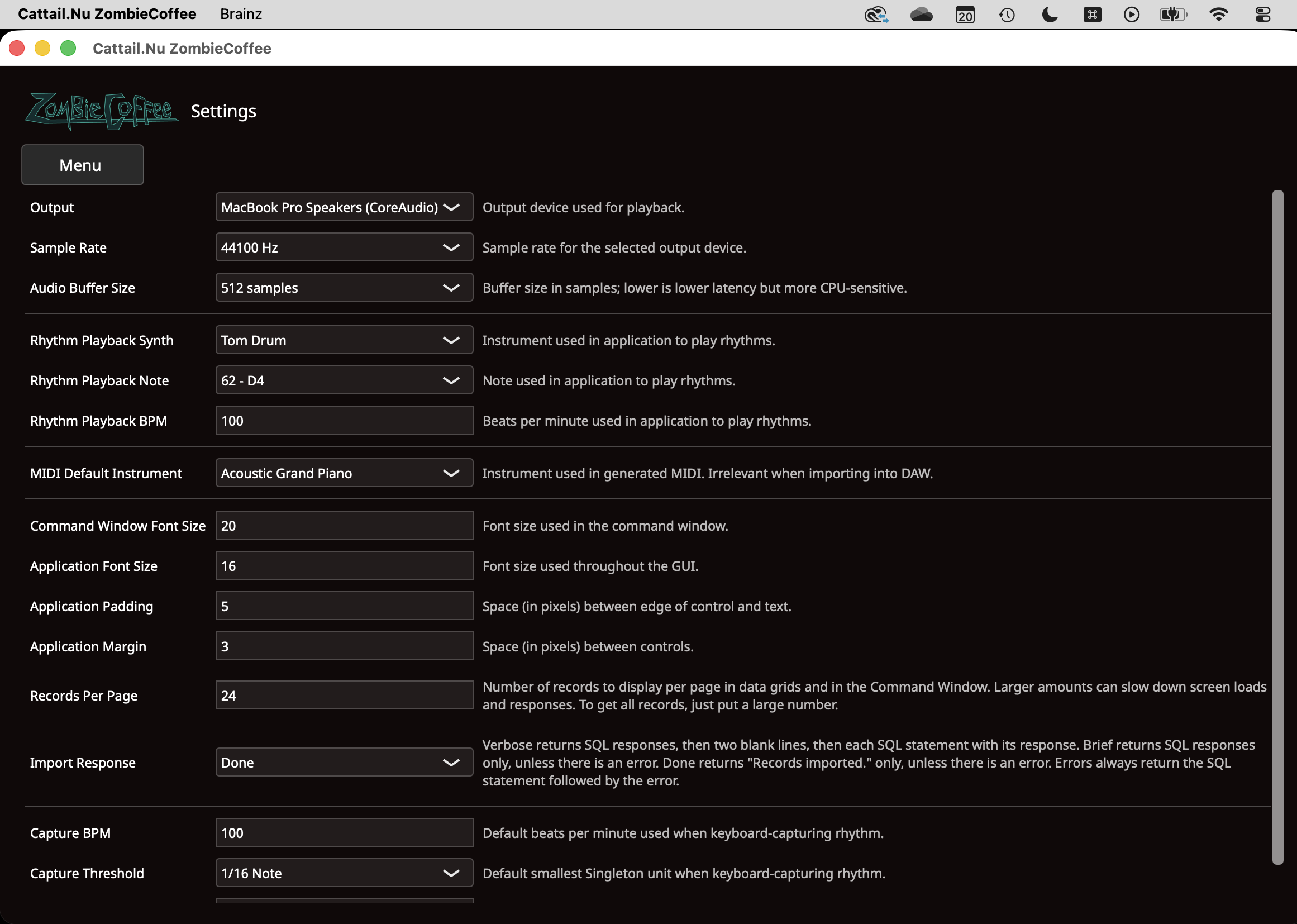 Settings screen